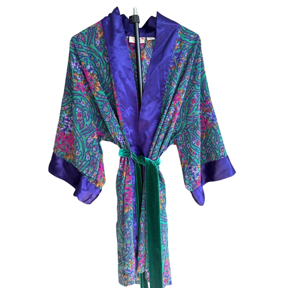 Victoria's Secret Vintage Paisley Floral Kimono Robe Velvet Belt Hong Kong OS